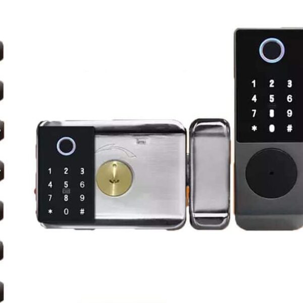 smart door lock with fingerprint scanner, wooden door lock