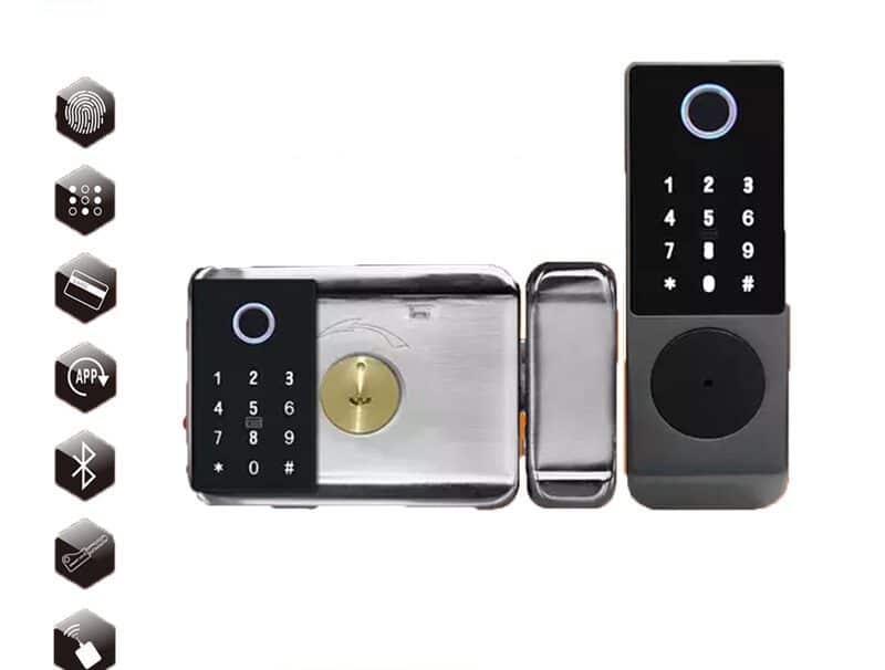 smart door lock with fingerprint scanner, wooden door lock