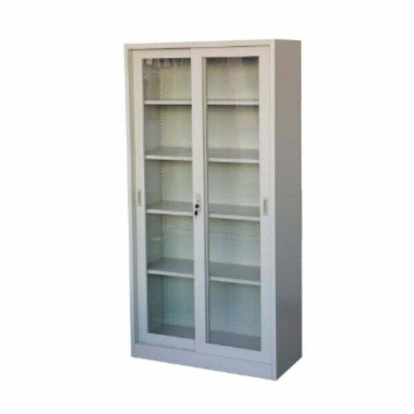 steel cabinet with sliding glass door display