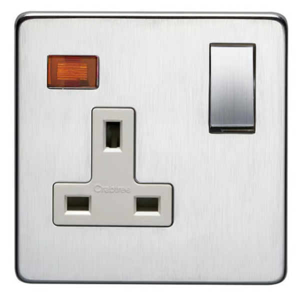 CRABTREE 13A 1 Gang DP Switched Socket with Neon Satin Chrome