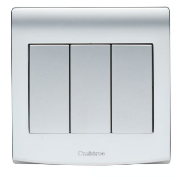 CRABTREE 10AX SP 3 gang 2 way switch WR SILVER.