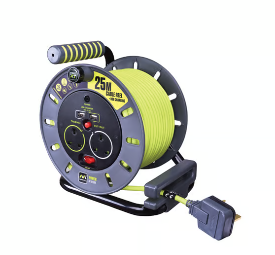 MASTERPLUG Cable Reel 13A with 2 socket outlets & 2 USB 2.1A- Cable length 25m