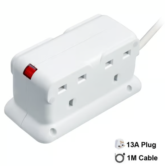 MASTERPLUG 4 socket Compact Extension with indicator, 1 Meter WHITE