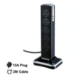 MASTERPLUG 10socket Tower extension with Tel & USB, 2 Meter Polished Black