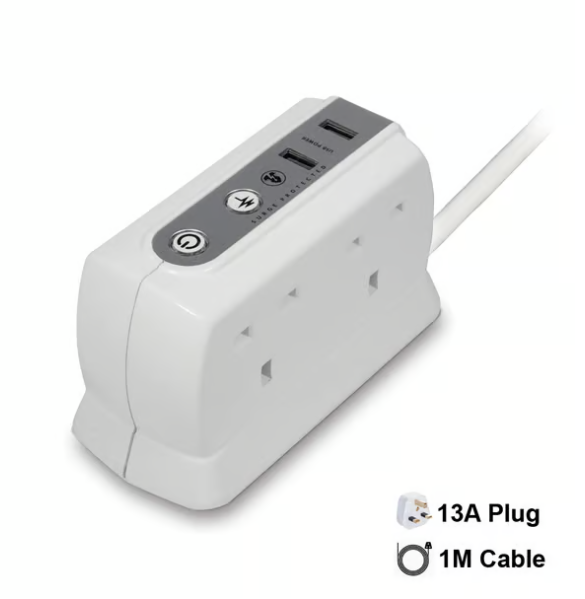 MASTERPLUG 4 socket Compact Extension with 2 X USB(2.1A), 1 Meter WHITE Surge protector