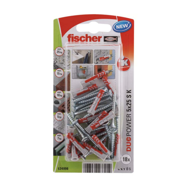 FISHCHER DUOPOWER 5X25 S K NV PLUG + COUNTER SUNK SCREW 18PCS