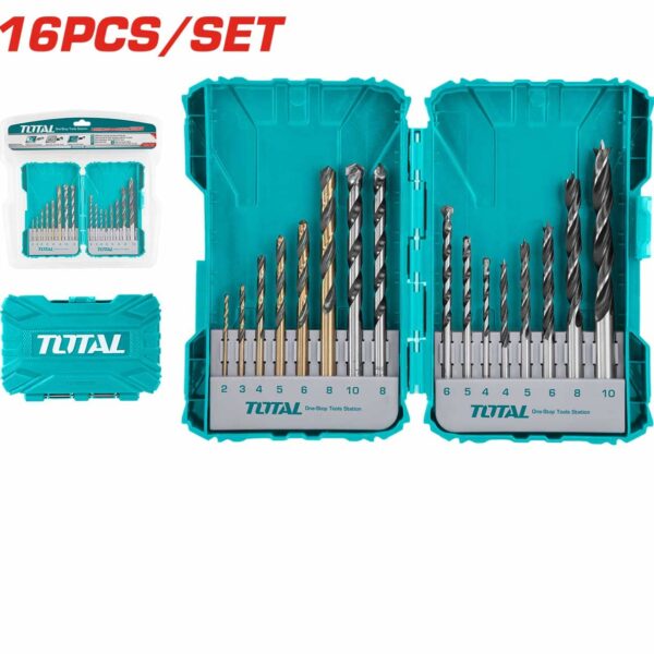 TOTAL 16 Pcs Drill Bits Set (for Metal, Concrete and Wood)