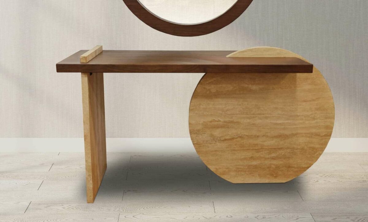 MARBLE/WOOD CONSOLE TABLE, WOOD/GLASS MIRROR - Image 1