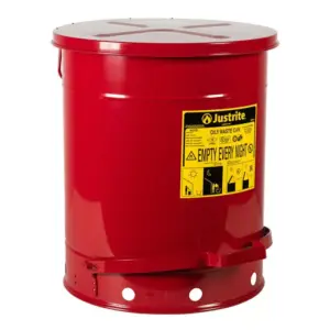 JUSTRITE 14 Gallon, Oily Waste Can, Hands-Free, Self-Closing Cover, Red - 09500