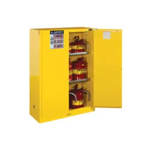 Justrite 45 Gallon, 2 Shelves, 2 Doors, Self Close, Flammable Cabinet, Sure-Grip® EX, Yellow, Dimensions:65" X 43" X 18" (1650 X 1092 X 457mm)