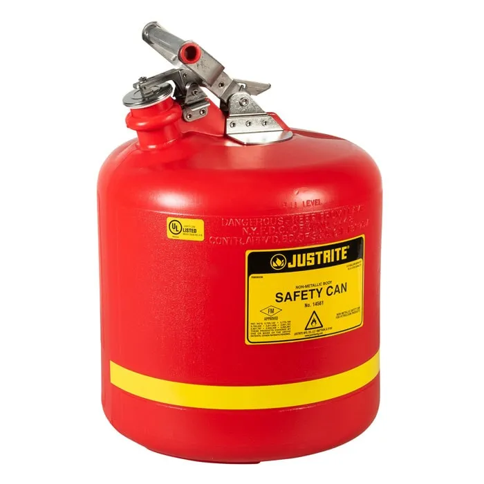 13 Justrite 5 Gallon Plastic Safety Can, Type I, Stainless Steel Hardware, Red - 14561 - Image 1