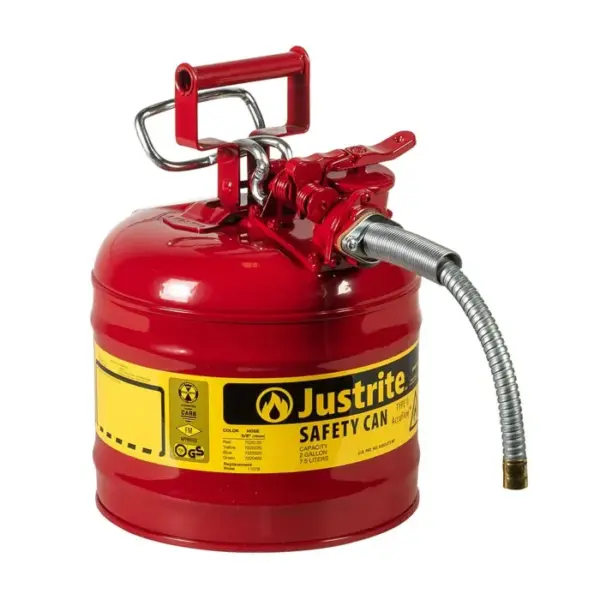 Justrite 2 Gallon Type II AccuFlow™ Safety Can, Steel, 5/8" Metal Hose, Red - 7220120