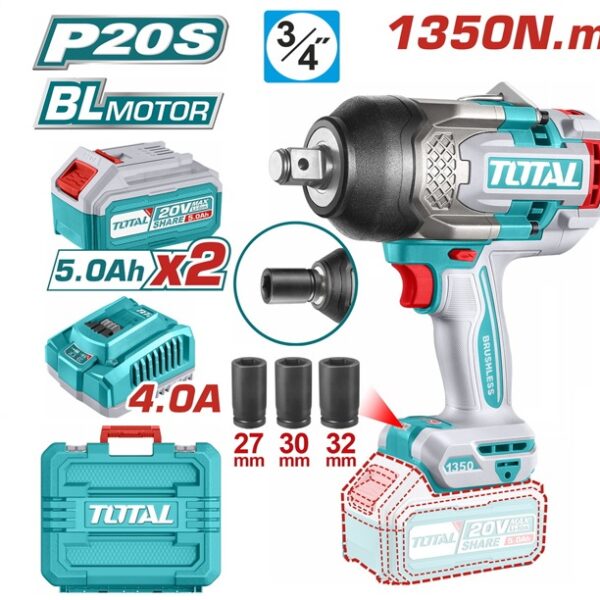 Total 20V High Torque 3/4" Dr" Impact Wrench with 1350nm Torque