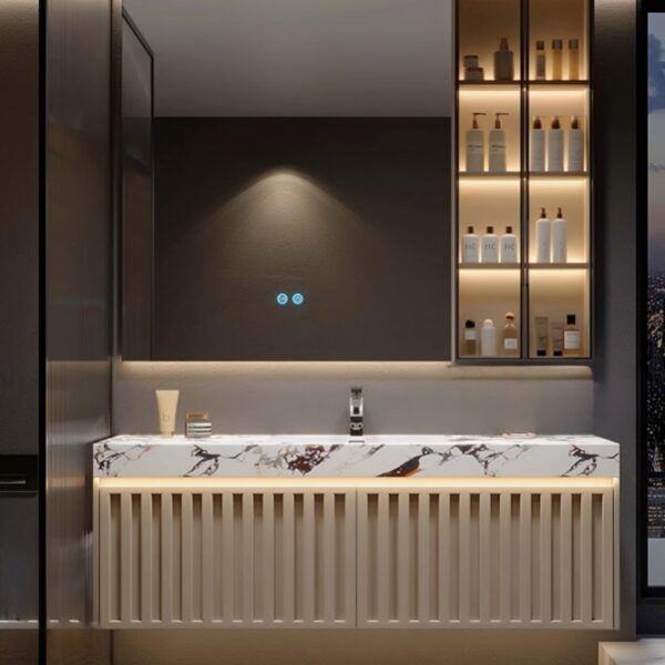 80cm Modern LED Floating Vanity Set with Marble Sink & Side Cabinet