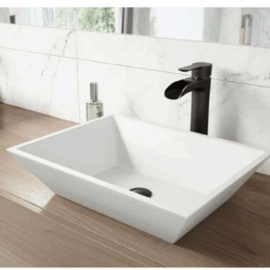 Rectangular White Vessel Sink with Matte Black Faucet