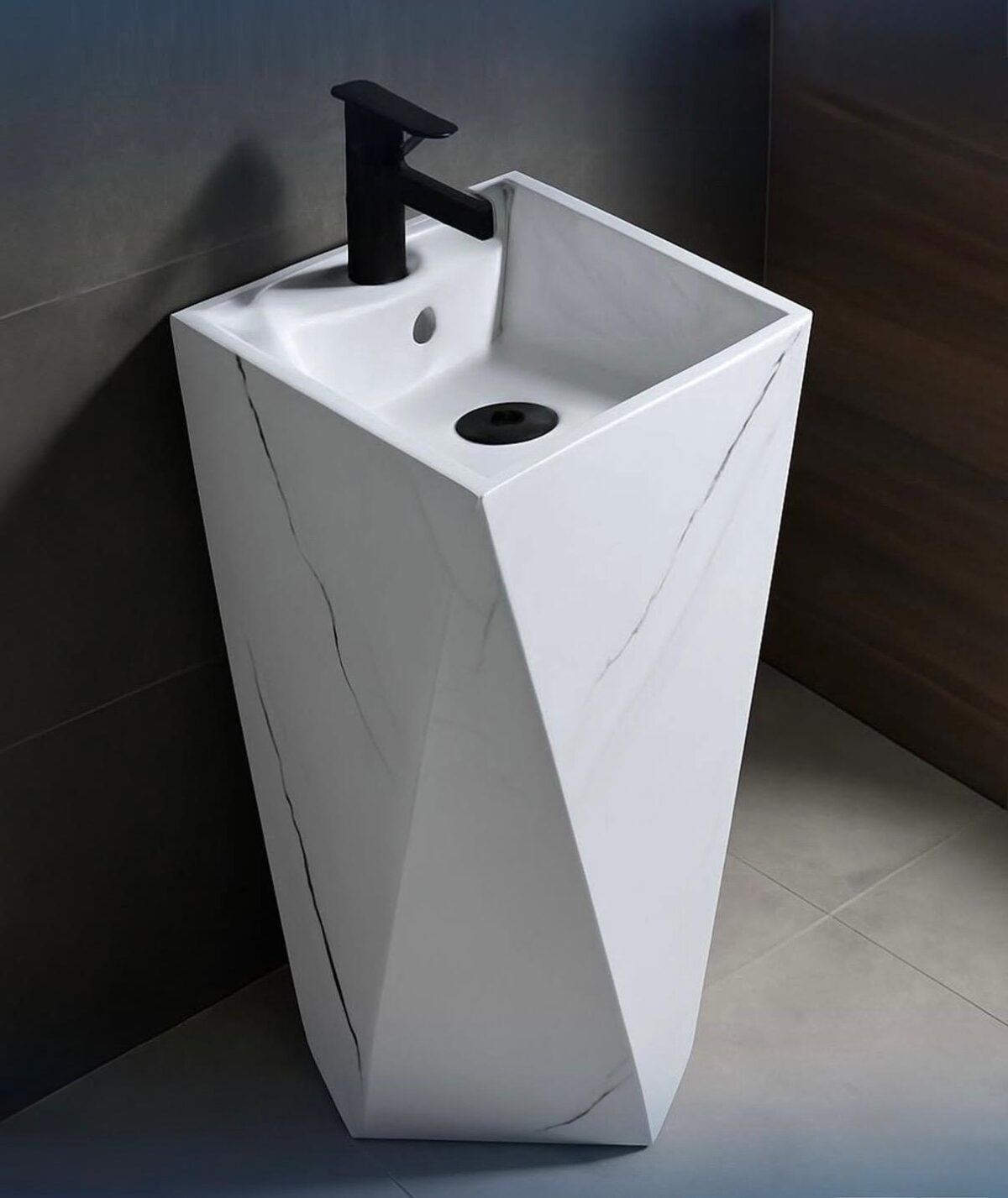 83cm Geometric Marble Pedestal Washbasin – White with Black Accents - Image 1