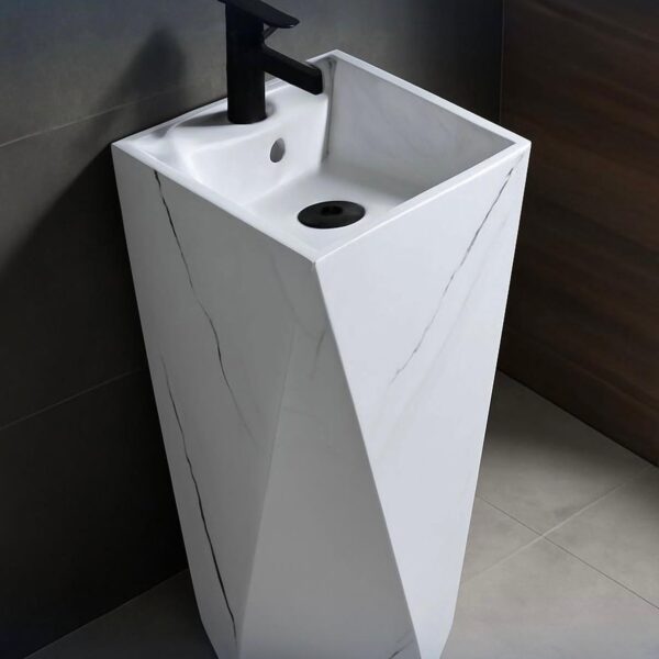 83cm Geometric Marble Pedestal Washbasin – White with Black Accents