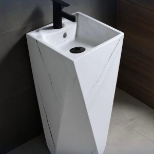 83cm Geometric Marble Pedestal Washbasin – White with Black Accents