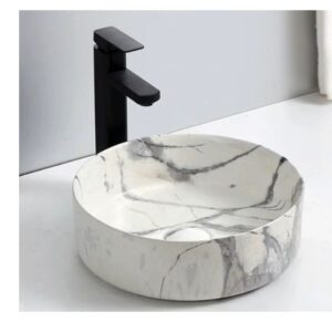 Round Marble Vessel Sink with Matte Black Faucet