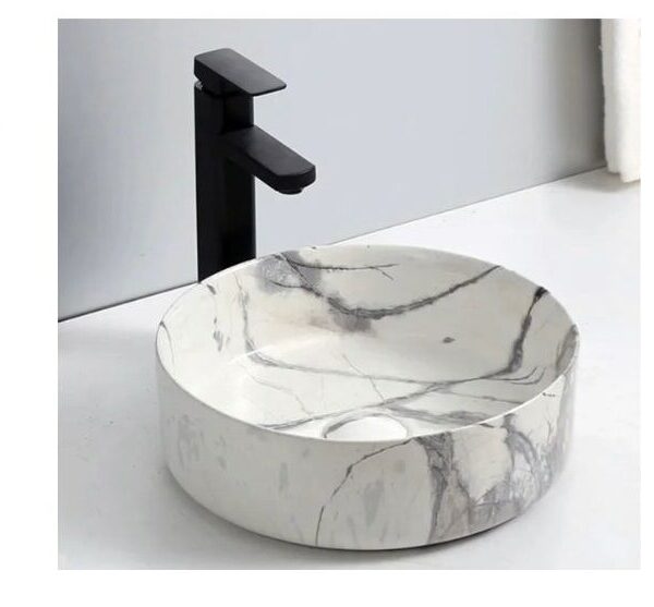 Round Marble Vessel Sink with Matte Black Faucet