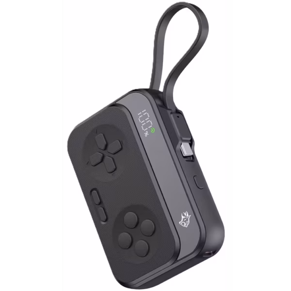 Porodo Gaming 10000mAh Controller Design Power Bank, PD 20W, Type-C Cable, 1× USB-A & 1× USB-C Ports, Cable Lanyard, Digital Display - Black