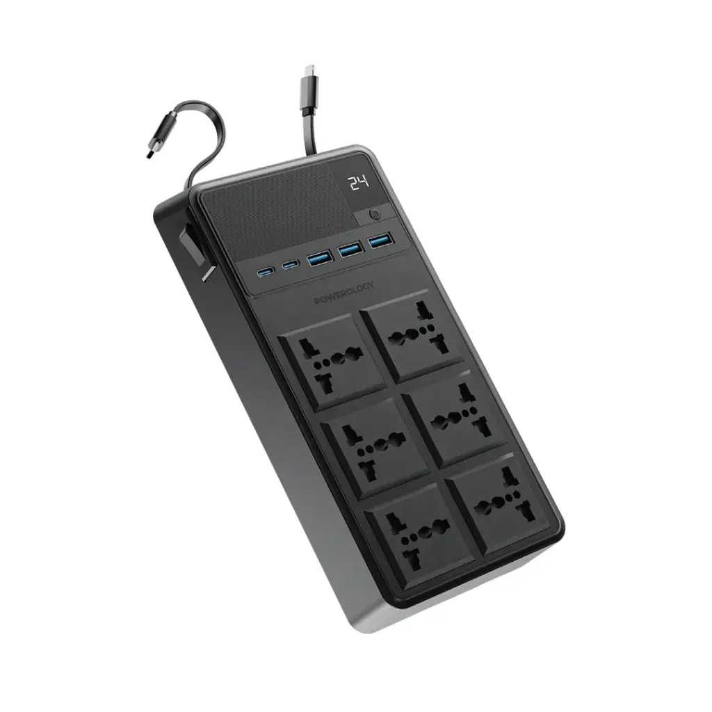 7 Powerology 2500W 6AC Power Strip with Built-In Retractable Cables - Black - Image 1