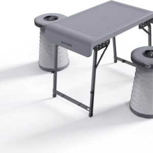Porodo Camping Foldable Desk and LED Stool Set, Dual Color LED Lamp, Ultralight Aluminum Folding Beach Table Portable Set for Camping, Barbecue, Cooking, Party, Travel and Indoor Use - Grey