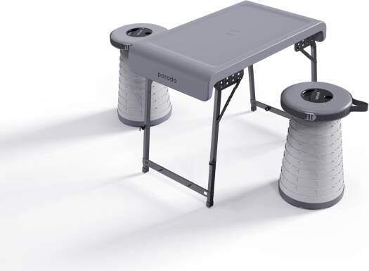 8 Porodo Camping Foldable Desk and LED Stool Set, Dual Color LED Lamp, Ultralight Aluminum Folding Beach Table Portable Set for Camping, Barbecue, Cooking, Party, Travel and Indoor Use - Grey - Image 1