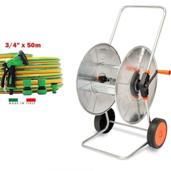 Agrati Galvanized Metal Hose Cart HD Kit with 3/4" x 50m Hose & Fittings