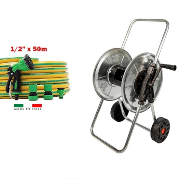 Agrati Galvanized Metal Hose Cart Kit with 1/2" x 50m Hose & Fittings