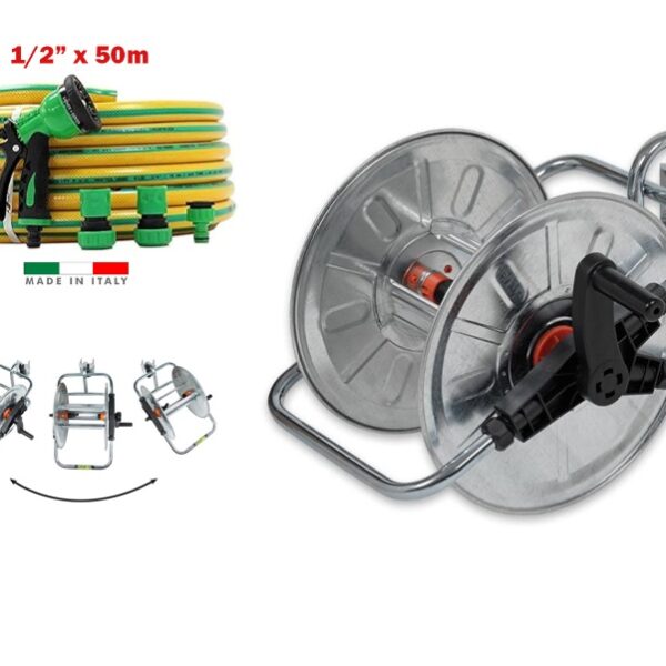 Agrati Wall Mount Swivel Metal Hose Reel Kit with 1/2" x 50m Hose & Fittings