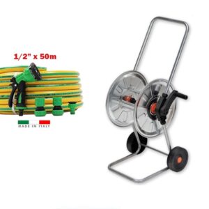 Agrati Galvanized Metal Hose Cart HD Kit with 1/2" x 50m Hose & Fittings
