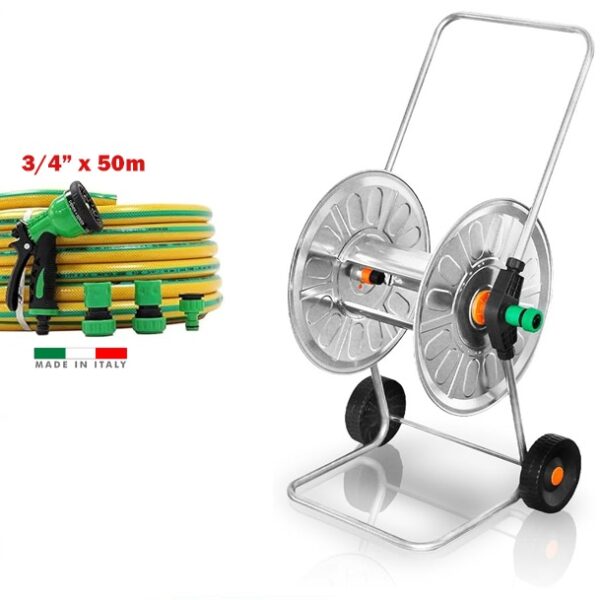 Agrati Galvanized Metal Hose Cart HD Kit with 3/4" x 50m Hose & Fittings