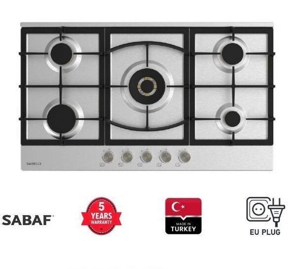 90cm Built in Gas HOB with 5 Burner Stainless Steel with Brass Sabaf
