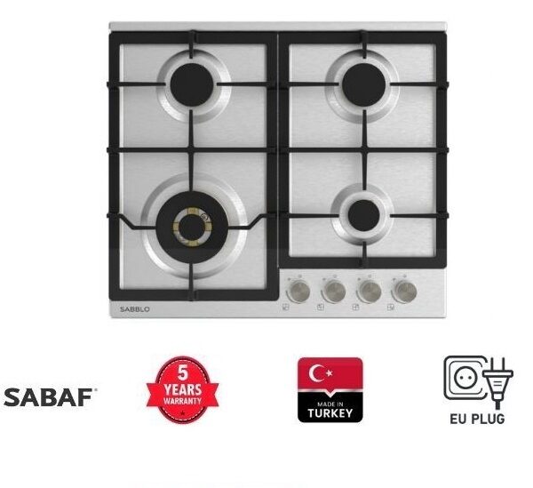 60cm Built in Gas HOB with 4 Burner Stainless Steel with Brass Sabaf