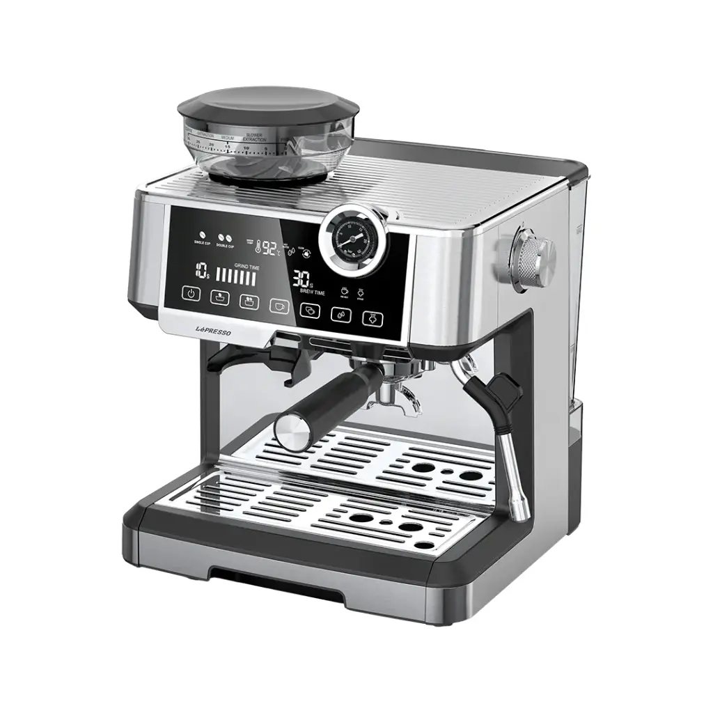 9 Lepresso Dual Boiler Espresso Machine with Conical Grinder & Pressure Gauge - Silver - Image 1