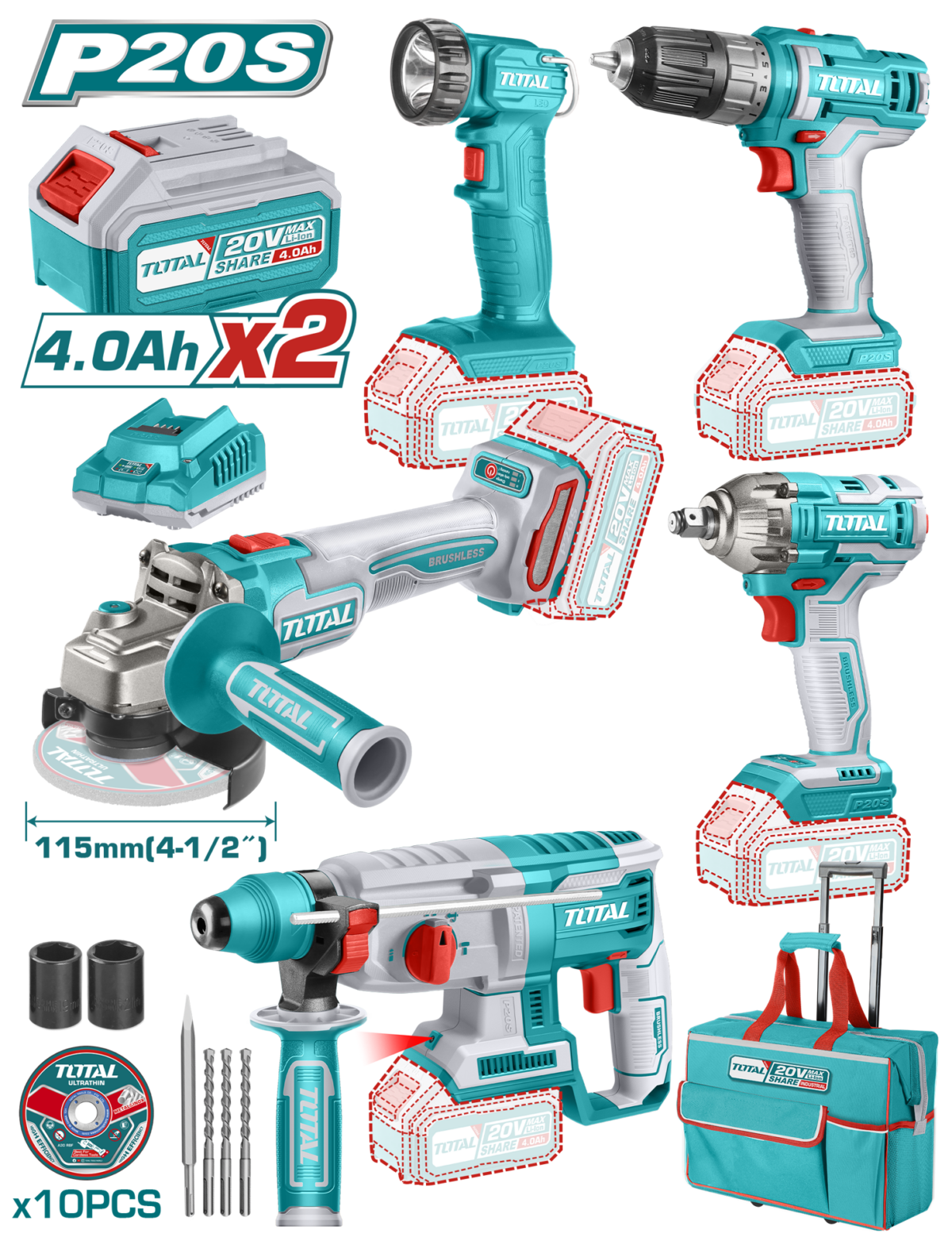 TOTAL Lithium-Ion 5Pc Industrial Combo kit (Impact Wrench, Drill, Angle Grinder, Work lamp and Rotary hammer) - Image 1