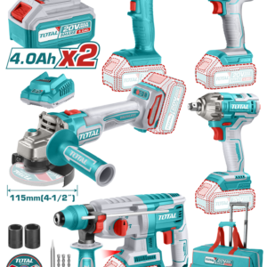 TOTAL Lithium-Ion 5Pc Industrial Combo kit (Impact Wrench, Drill, Angle Grinder, Work lamp and Rotary hammer)