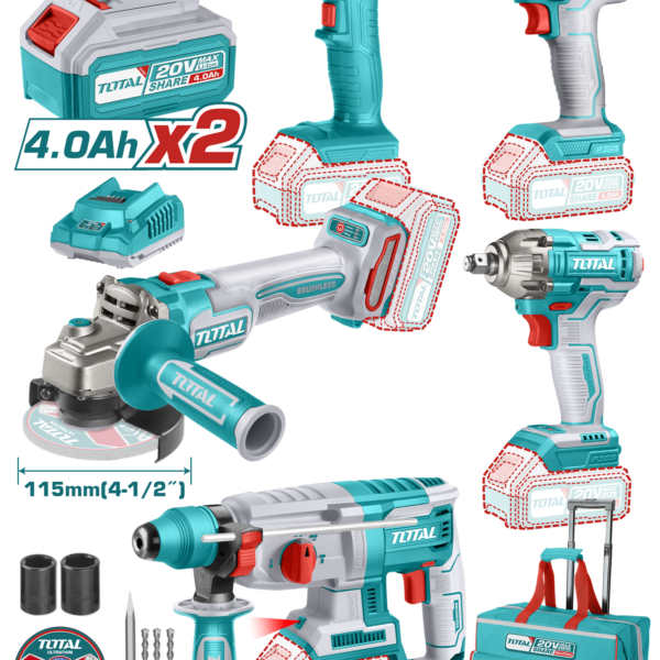 TOTAL Lithium-Ion 5Pc Industrial Combo kit (Impact Wrench, Drill, Angle Grinder, Work lamp and Rotary hammer)