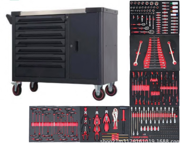 110cm-black-trolley-kit.jpg 7 Drawers Workshop Tool Trolley with Cabinet & 258pcs Tools - Image 1