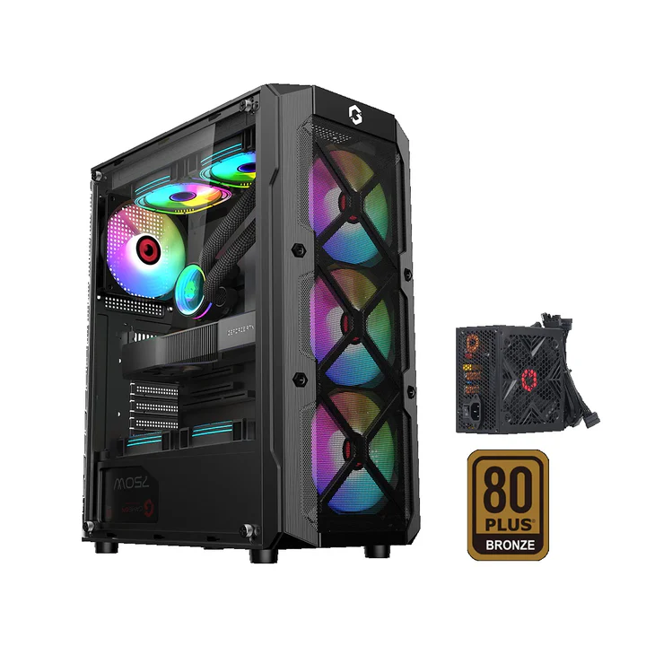 13-11-1.webp GAMEON TRIDENT III-M POWERFORGE Series Mid Tower Gaming Case with 750Watt Power Supply Pre-Installed - Black (4 ARGB FANS Included) - Image 1
