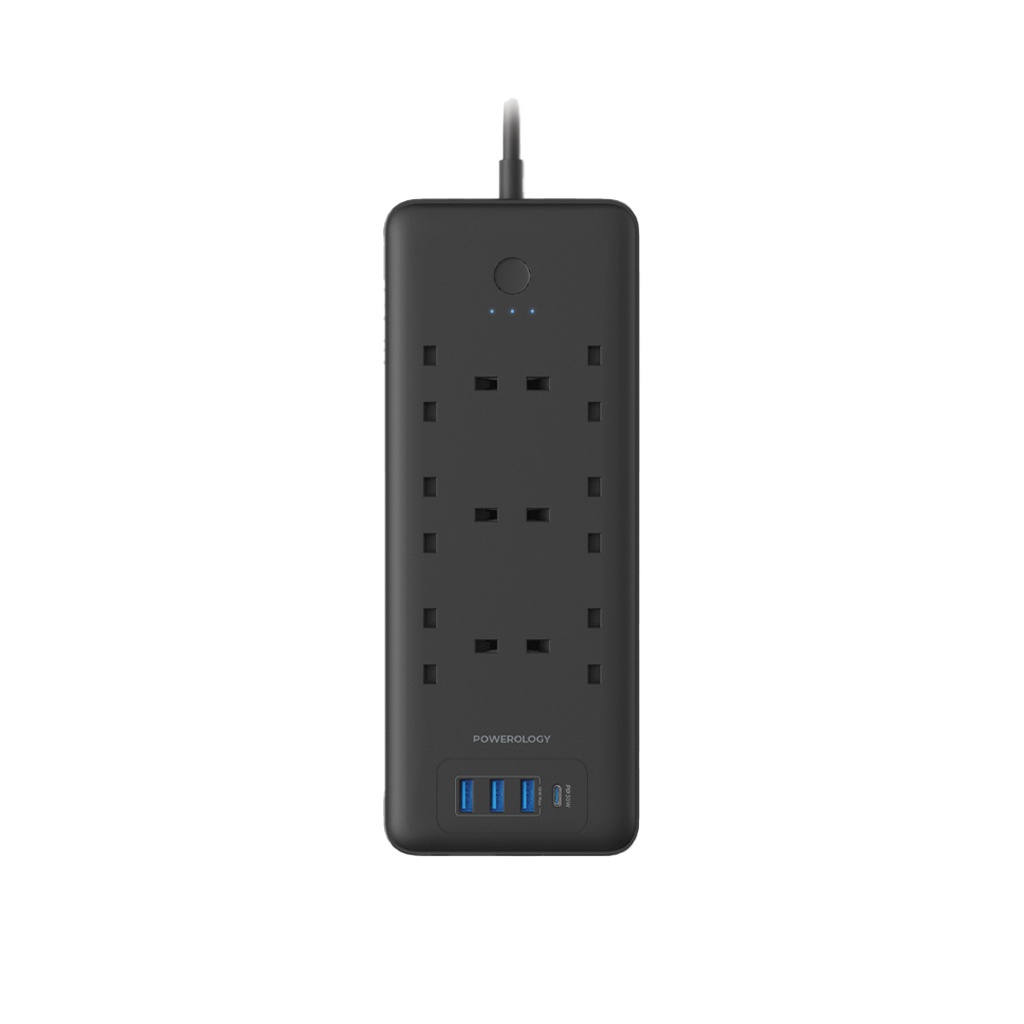 14-7-2.jpg Powerology 48W 6AC 1x PD USB-C and 3x QC USB-A Power Strip with UK Plug - Black - Image 1