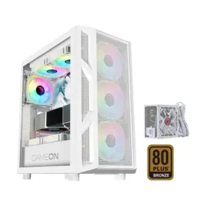 GameOn Trident IV-A PowerForge Series Mid Tower Gaming Case with 750W Power Supply Pre-Installed (4 ARGB Fans Included) - White