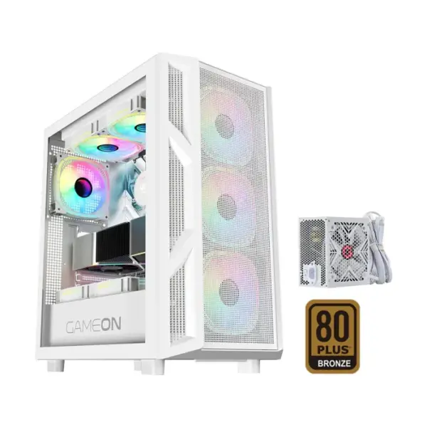 GameOn Trident IV-A PowerForge Series Mid Tower Gaming Case with 750W Power Supply Pre-Installed (4 ARGB Fans Included) - White