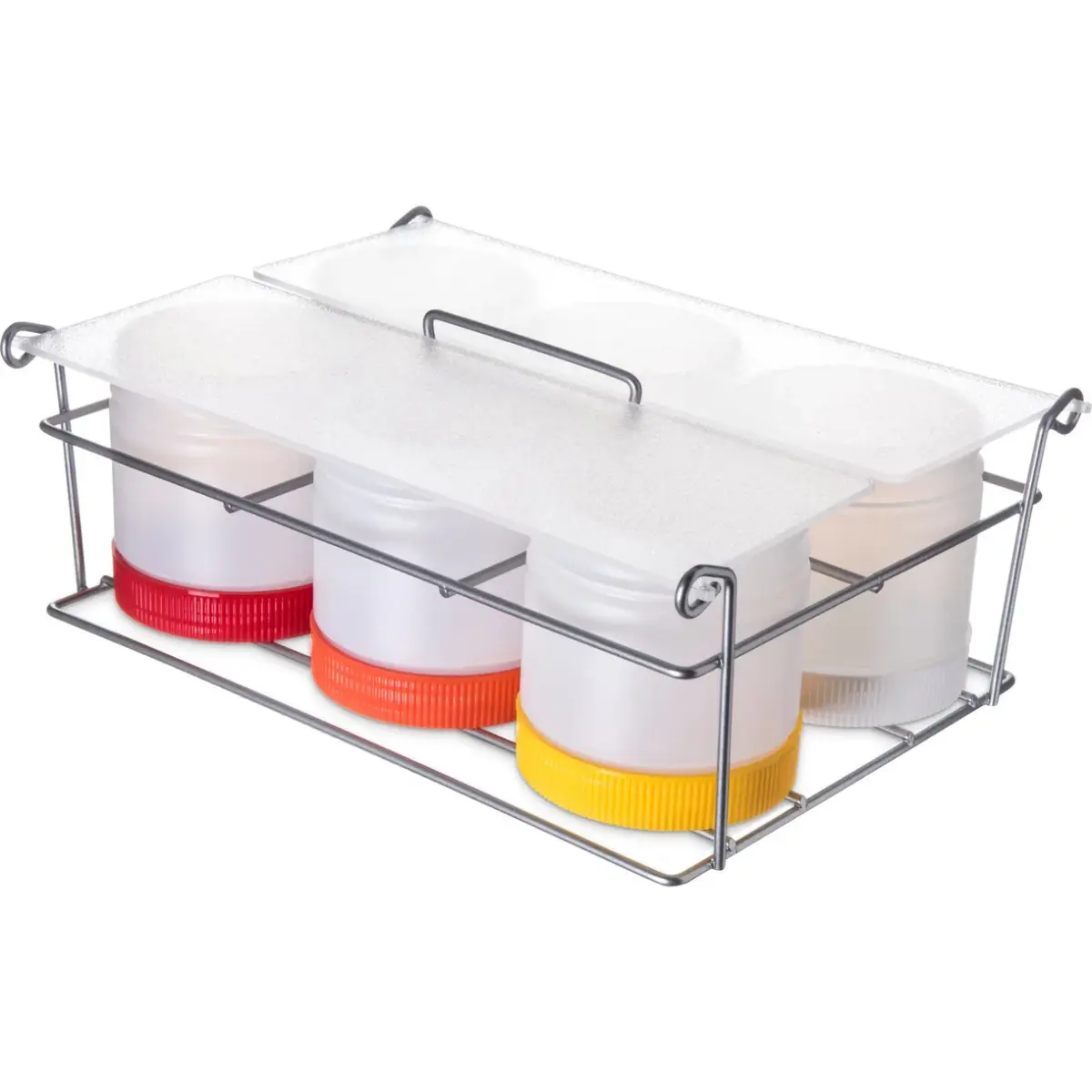 Carlisle Store 'N Pour® Condiment Caddy, 12"L x 9"W x 4-3/4"H, (6) wide mouth with acrylic cover, polyethylene, clear - Image 1