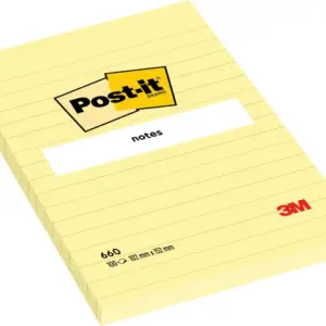 3M Post-it® Notes Canary Yellow 660. 4 x 6 in (101 mm x 152 mm). 100 sheets/pad, 12 pads/Pack. Lined Dozen