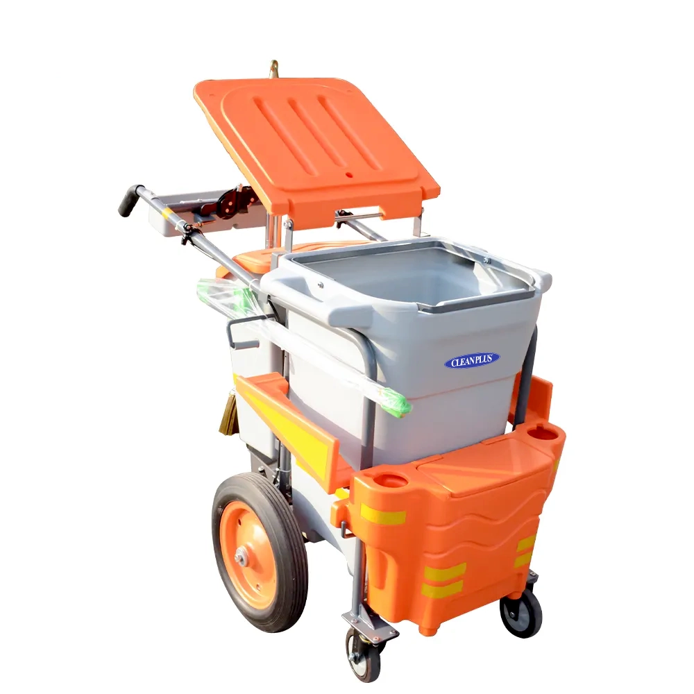 8-3.webp Commercial Janitorial Trolley Cleaning Cart Outdoor | Hand Push Cleaning Trolley with Brake - Image 1