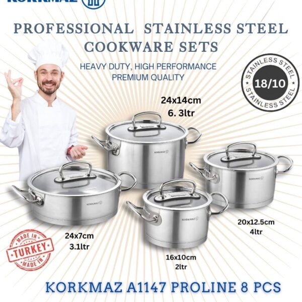 Korkmaz A1147 Proline 8pcs Stainless Steel Cookware Set