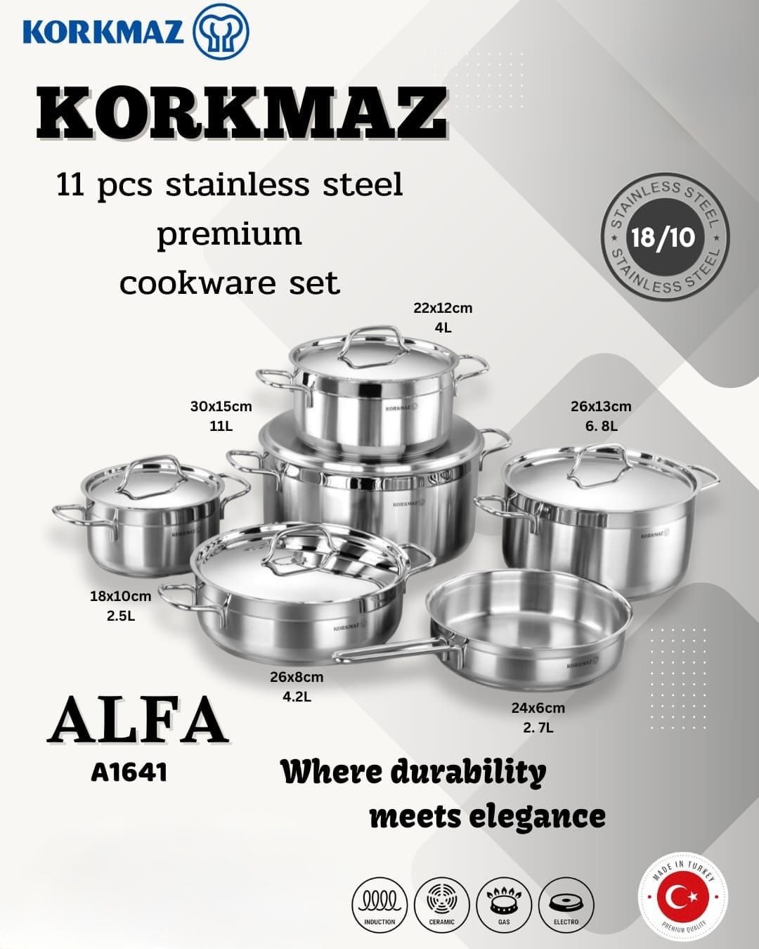 912.jpg Korkmaz A1641 Alfa 11pcs Stainless Steel Cookware Set - Image 1