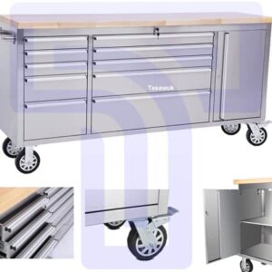 72" Stainless Steel Tool Trolley with 10 Drawers and Cabinet